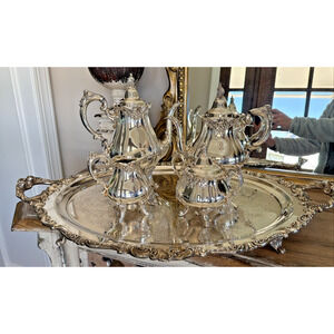 Wallace Baroque Silverplate 5 Pc Tea Coffee Set w/ Large #294 Tray - Excellent!